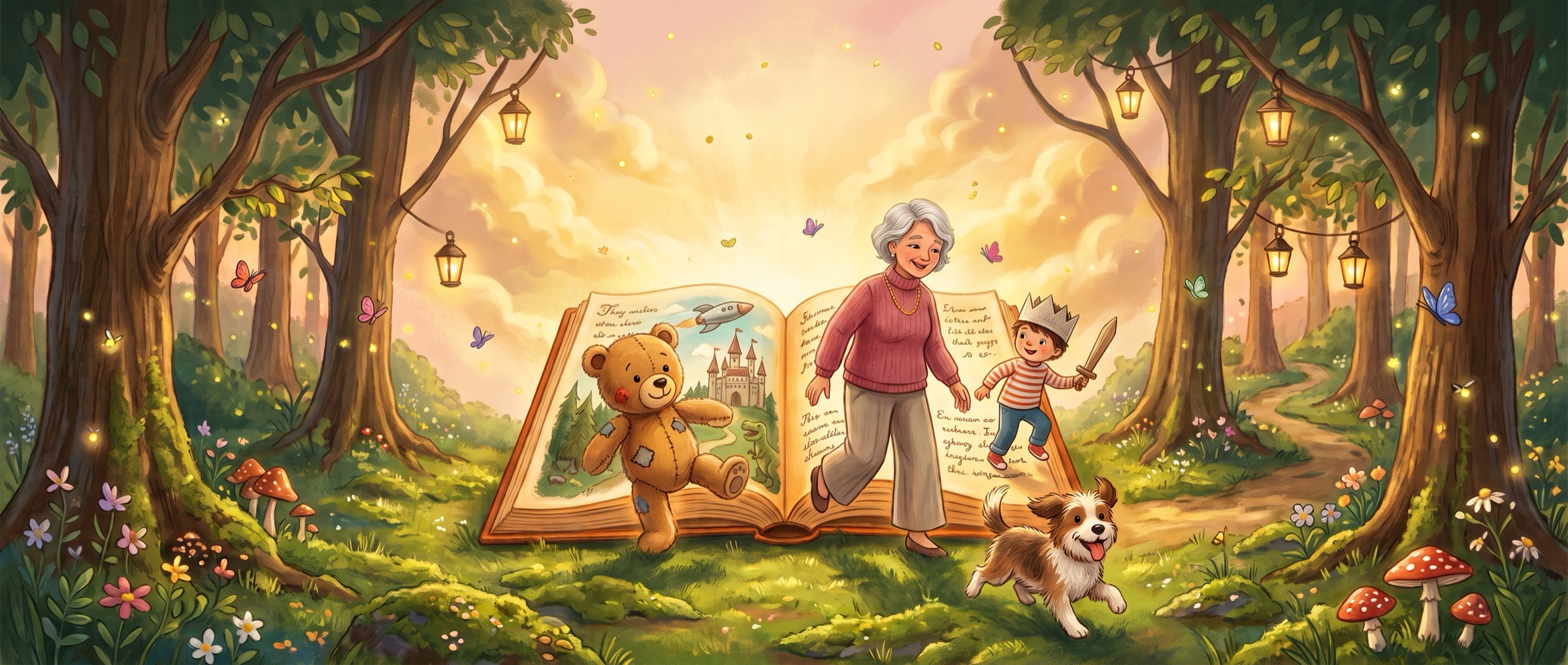 An open storybook in a sunny enchanted glade — a teddy bear, a crowned child hero, the family dog, and a grandmother gathered around its glowing pages